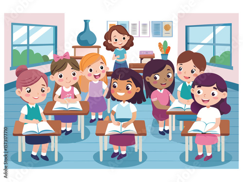Diverse group of happy cartoon children sitting at desks reading books in a classroom isolated on white background
