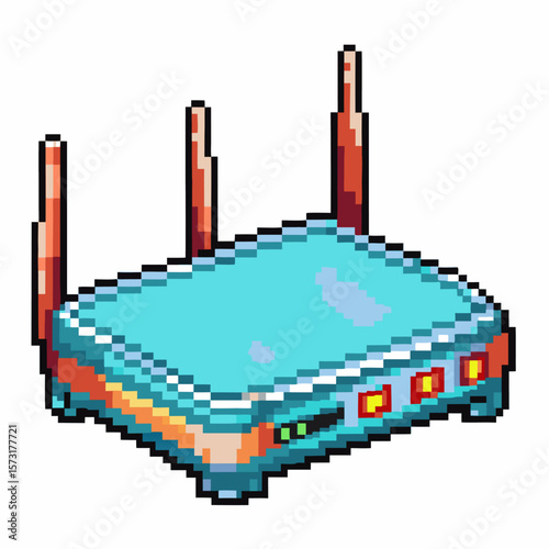 Pixel art wireless wifi router with dual antennas retro technology, digital connection, internet network symbol illustration