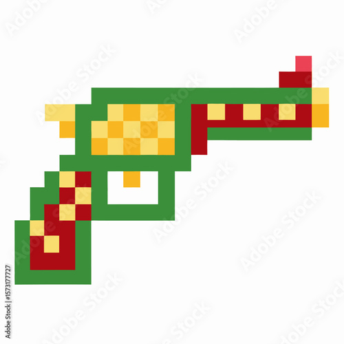Retro pixel art revolver illustration with green, yellow, and red colors nostalgic 8 bit gun gaming icon