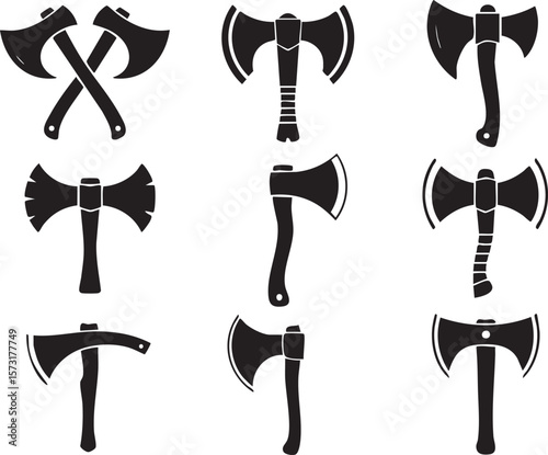 Collection Of Black And White Axe Icons And Silhouettes Featuring Lumberjack And Viking Tool Designs On A White Background