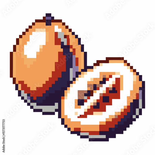 Pixel art tropical nutmeg seed with half showing interior retro digital illustration, brown spice, isolated white background