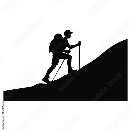 Man with backpack and poles climbs steep hill silhouette