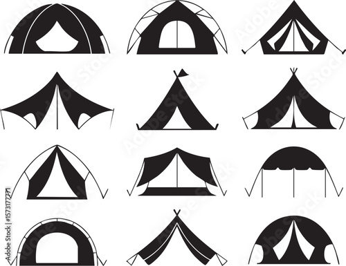 Camping Tents Silhouette Collection Outdoor Shelter Icons Design Elements For Travel And Adventure Illustration Camping Equipment Isolated Vector Graphic