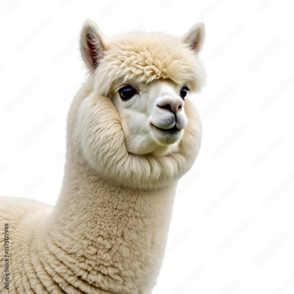 Fototapeta premium Adorable Alpaca in Sustainable Fiber Farm on White Background