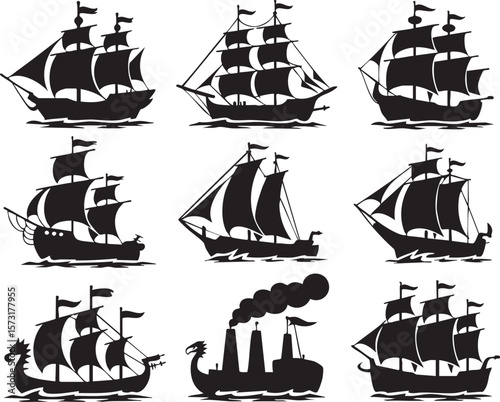 Collection Of Black Silhouette Sailboats And Steamboat Nautical Vessel On White Background Classic Ship Designs Transportation And Watercraft
