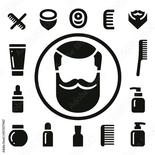 Collection of grooming icons featuring beard care products and tools in a circular layout