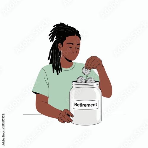 A Black woman with dreadlocks putting coins into a retirement savings jar