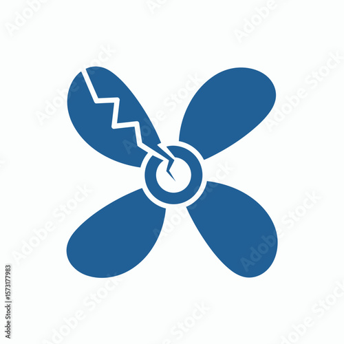 A blue fourbladed propeller with a large crack in one of the blades