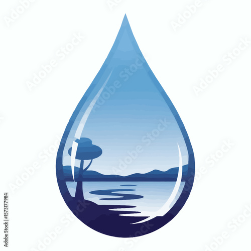 A blue water droplet icon with a serene landscape scene inside featuring a lake mountains and a tree