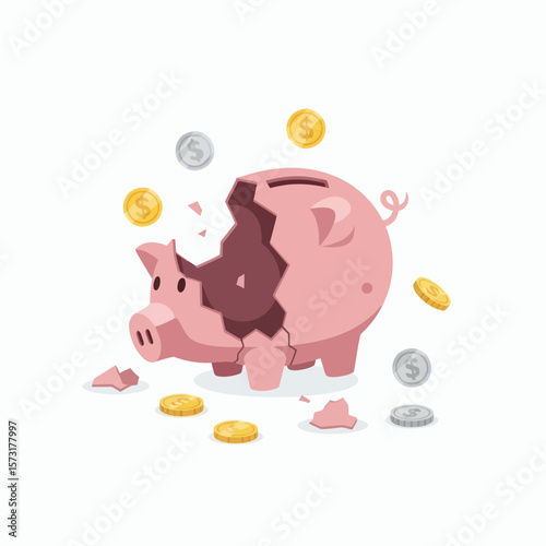 A broken pink piggy bank with gold and silver coins scattered around