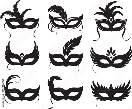 Collection Of Elegant Black Masquerade Masks With Feather Embellishments On White Background