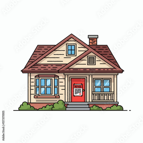 A cartoon house with a red door and a notice posted on it suggesting foreclosure or eviction