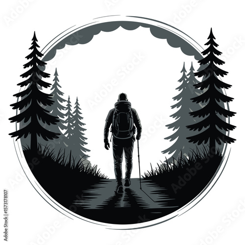 Man with backpack and hiking pole walks on forest path silhouette