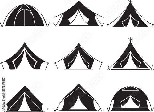 Set Of Camping Tents Vector Illustration Black And White Icon Collection Diverse Outdoor Shelters For Adventure And Vacation