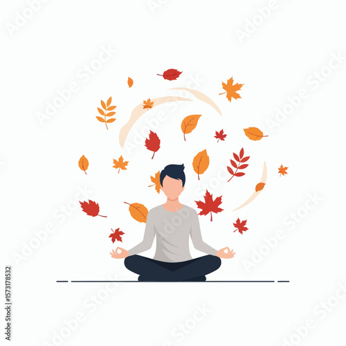 A person in a lotus position meditates as autumn leaves in red and orange swirl around them