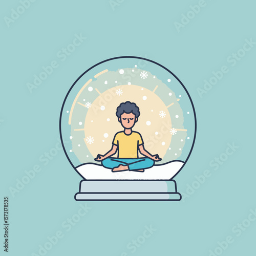 A person meditates in a lotus position inside a snow globe finding peace amidst a gentle snowfall