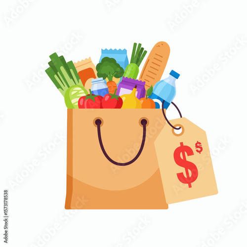 A paper grocery bag overflowing with fresh food and a price tag with a dollar sign