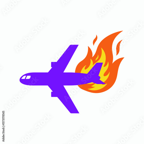 A purple airplane with its tail engulfed in flames on a white background