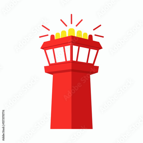 A red air traffic control tower with flashing yellow lights on top