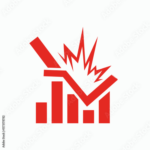 A red icon of a bar chart with a downward arrow crashing symbolizing a financial downturn or market collapse