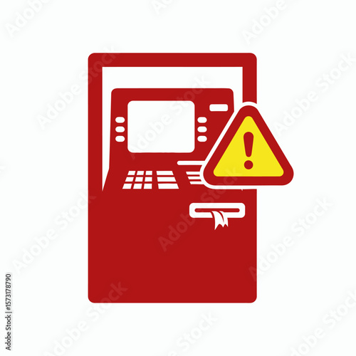 A red icon of a malfunctioning ATM with a yellow warning sign