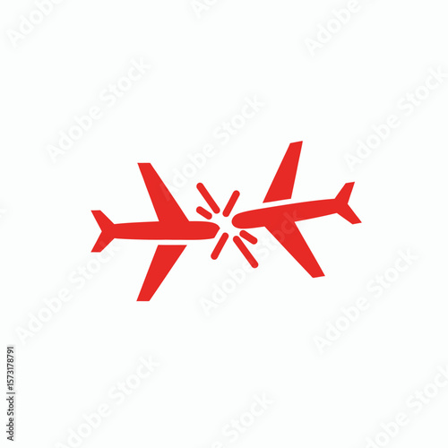 A red icon of two airplanes colliding with sparks at the point of impact