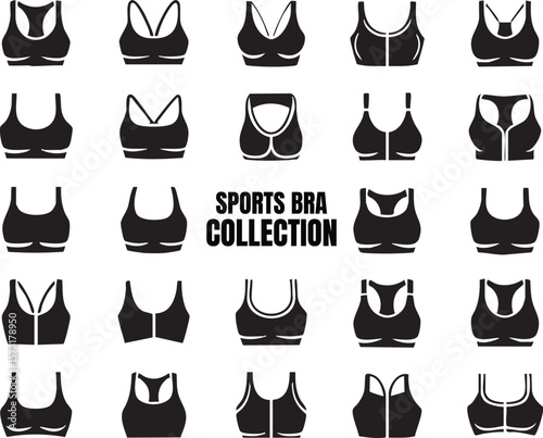 Sports Bra Silhouette Collection Different Styles Black On White Background Active Wear Underwear For Women Vector Design