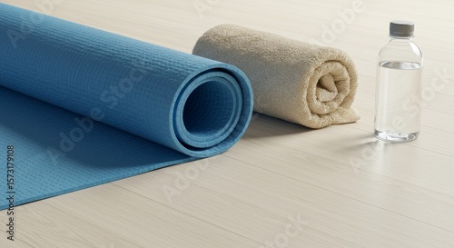 Yoga mat, towels, and water bottle on light wooden floor, evoking relaxation, wellness, and outdoor or indoor exercise environment