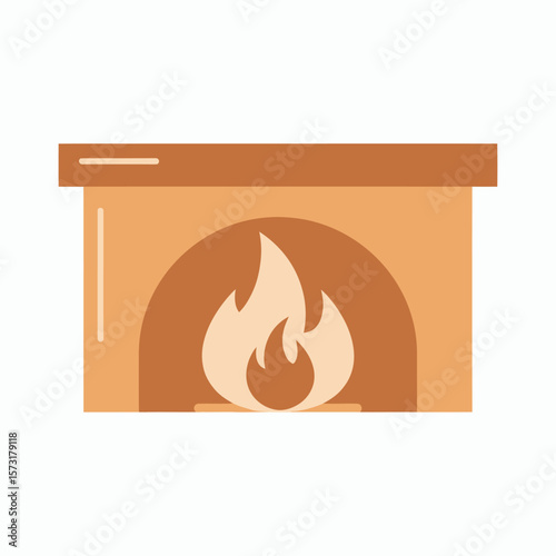 A stylized flat illustration of a cozy fireplace with a warm burning fire inside