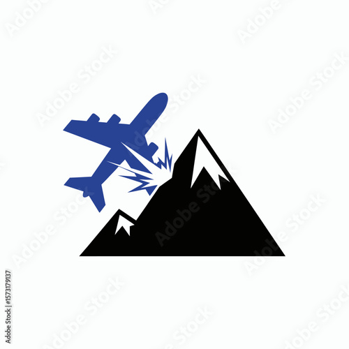A stylized blue airplane crashing into a black mountain