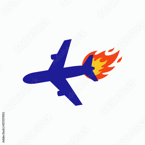 A stylized illustration of a blue airplane with its engine on fire