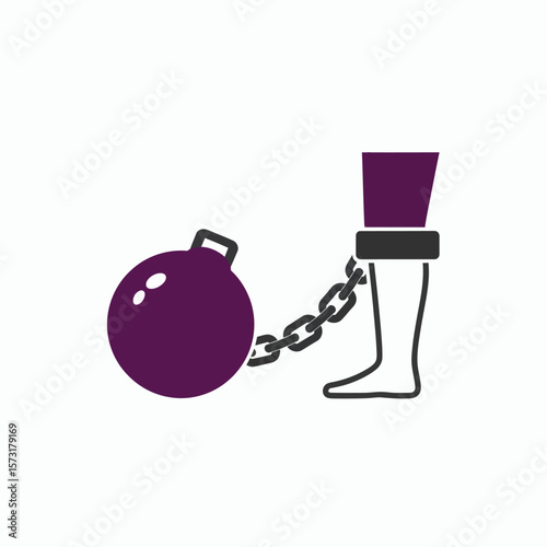 A stylized illustration of a leg shackled to a large purple ball and chain on a white background