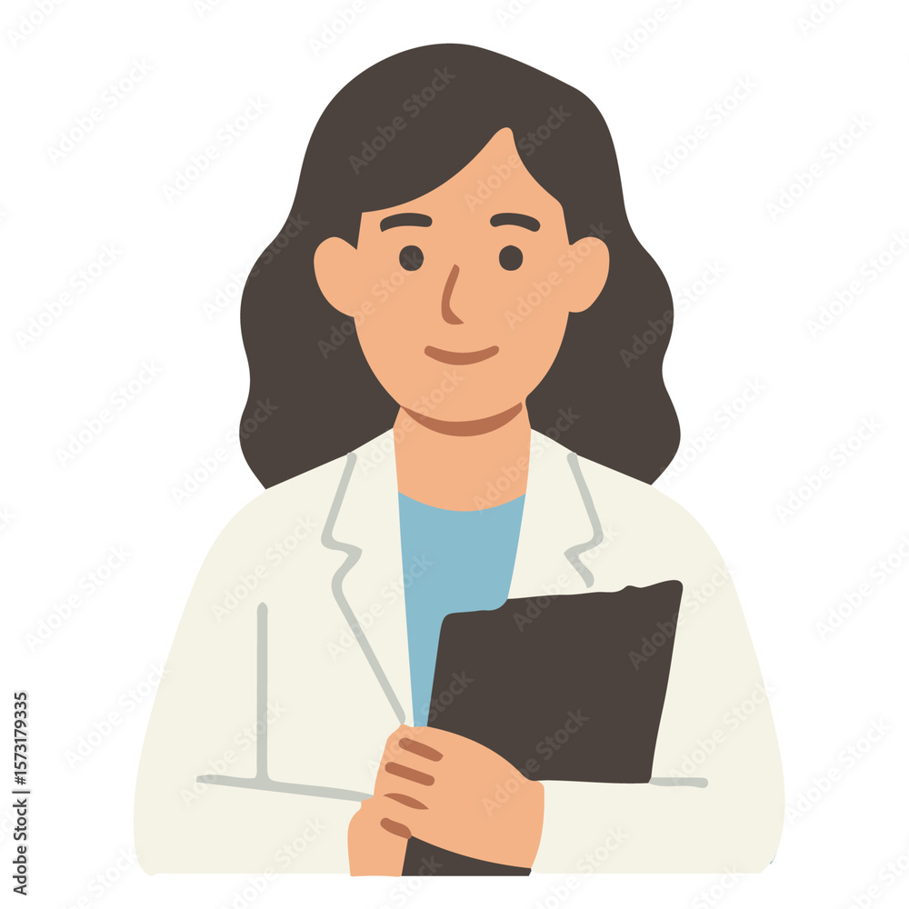 Smiling female physician in uniform with a stethoscope, looking at a laptop or holding a clipboard, representing health and medical care in a clinic Smiling female physician in uniform with a stethoscope, looking at a laptop or holding a clipboard, representing health and medical care in a clinic