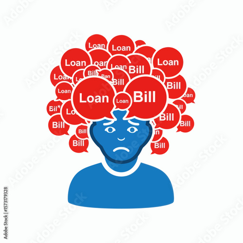 A stylized person with a worried expression overwhelmed by thoughts of loans and bills