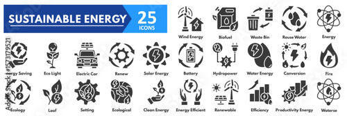 Sustainable Energy icon set. with icons of wind, biofuel, waste bin, reuse water, energy, saving, eco light, electric car, renew, sola, battery, hydropower, water energy 