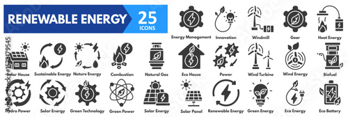 Renewable Energy icon set. with icons of solar panel, renewable, green, eco energy, eco battery, energy management, innovation, windmill, gear, heat, solar house, sustainable 