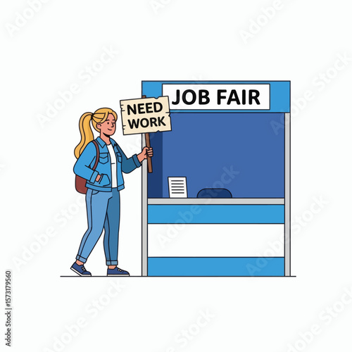 A woman holding a NEED WORK sign stands in front of a job fair booth