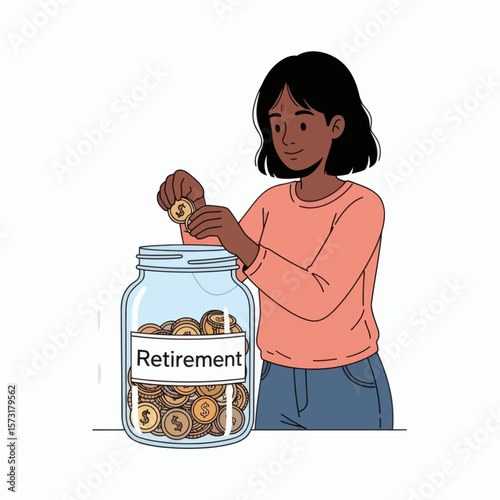 A woman putting a coin into a large glass jar labeled Retirement filled with gold coins