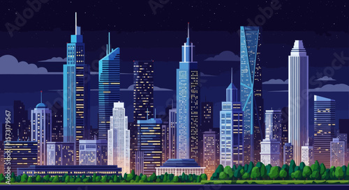 A stylized illustration of a modern city skyline at night with illuminated skyscrapers under a starry sky