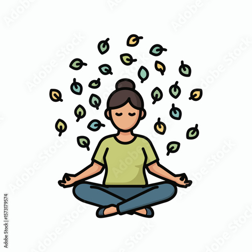 A woman with her hair in a bun meditates in a lotus position surrounded by floating leaves