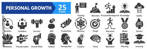 Personal Growth icon set. with icons of creative, vision, motivation, planning, learning, training, mountain, personal development, knowledge, ladder, discipline, confident, exercise, skill 