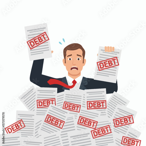 A worried businessman in a suit drowning in a pile of papers stamped with the word DEBT