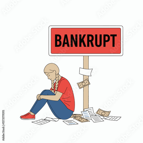 A woman sits dejectedly on the ground by a BANKRUPT sign surrounded by scattered papers and money