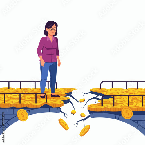 A worried woman stands on a crumbling bridge made of gold coins symbolizing financial instability