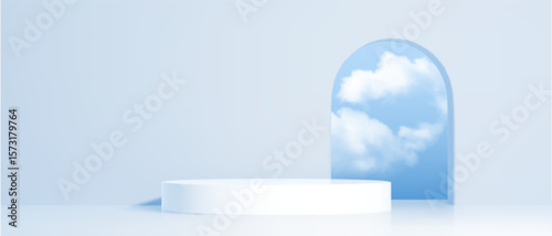 White platform display with blue sky and fluffy cloud formations in arch window. Clean minimal stage on soft gradient bg for product showcase. Dreamy scene with nature elements and presentation space.
