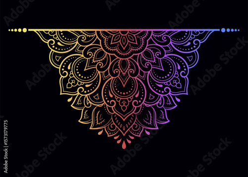 Color circular pattern in form of mandala with flower for decoration or print. Decorative ornament in ethnic oriental style. Rainbow design on black background.
