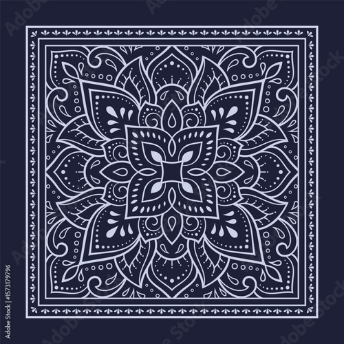 Circular pattern in form of mandala with flower for Henna, Mehndi, decoration. Blue decorative ornament in ethnic oriental style for a bandana. Outline doodle hand draw vector illustration.
