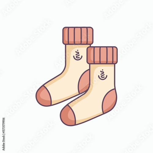An illustration of a pair of cozy creamcolored socks with pink cuffs heels and toes