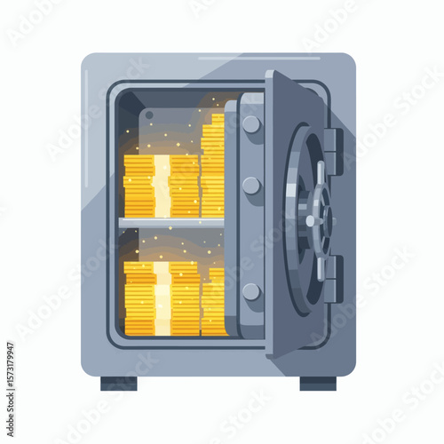 An open metal safe filled with stacks of gleaming gold coins