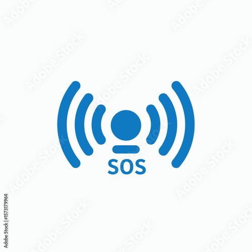 Blue SOS emergency signal icon with radiating waves on a white background